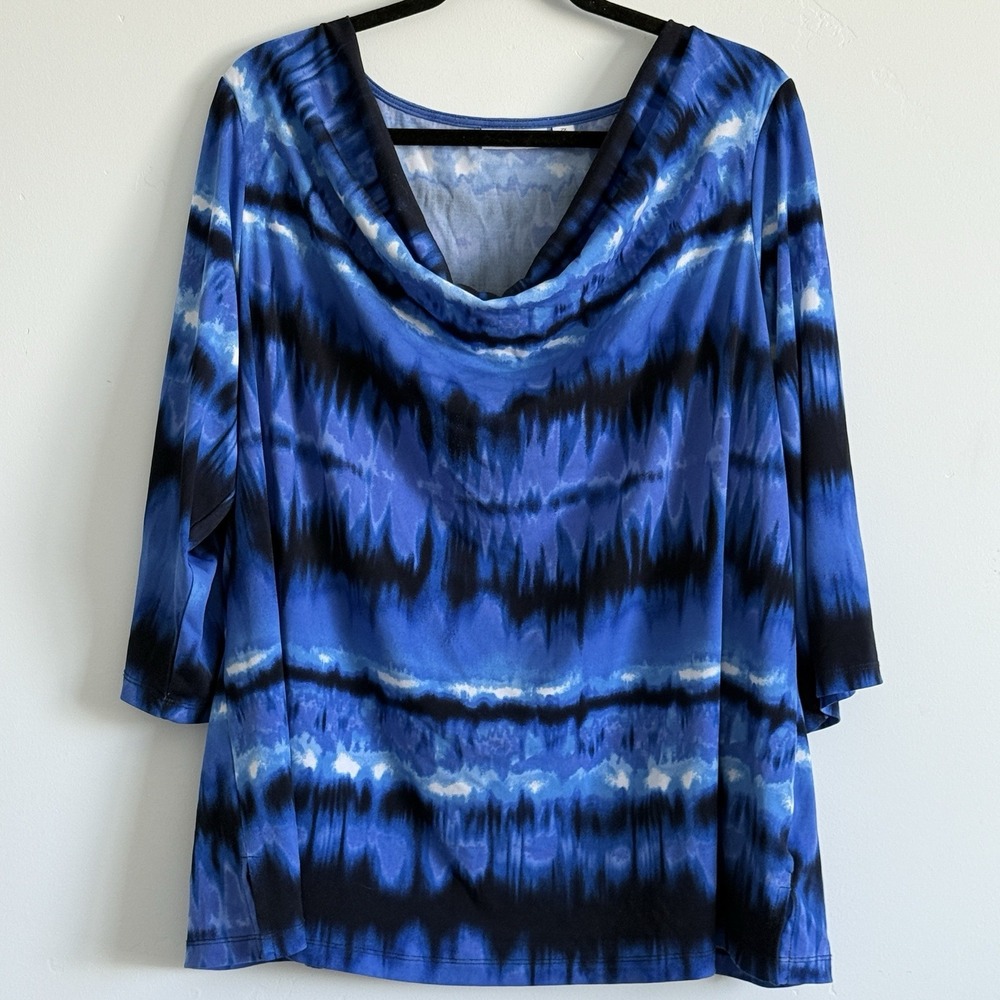 Susan Graver Top Womens‎ 2X Blue Liquid Knit Cowl Neck Blouse Stretch Comfort